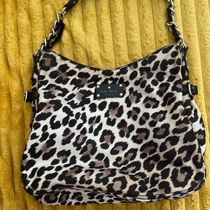 Kate Spade Leopard Print Shoulder Bag - Black and Brown with gold chain accent.